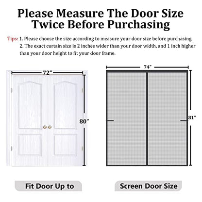 Magnetic Screen Door Upgraded-Model Full Strip Magnets 74x81 Inch,Fiberglass Heavy Duty Mesh Sliding Screen Door,Full Frame Seal Retractable French Door Screen Magnetic Closure for Patio Sliding Door - size: Fit Door Size To 72"x 80"