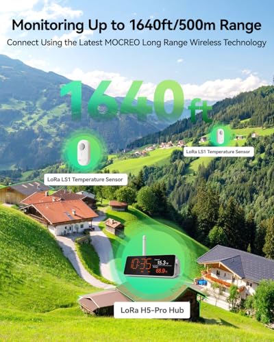 MOCREO WiFi Remote Thermometer Freezer Alarm, 1/3 Mile Long Range, IP66 Waterproof, App Email Alert, with Digital Monitor Hub, 2 Smart Wireless Temperature Sensors for Fridge, RV, Greenhouse - style: 1 Long Range LCD Hub + 2 Waterproof Sensors
