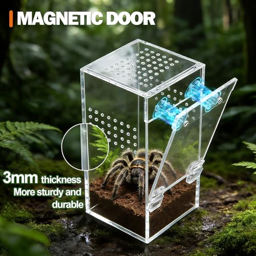 No Assembly 3mm Thick Acrylic Jumping Spider Enclosure,Magnetic Closure Front Door & 3-Side Ventilation, with Tweezers & Thermometer Strips,Ideal for Reptile Tank,Snail,Insect, and Tarantula Habitat - size: Habitat+Tweezers+Temperature strip