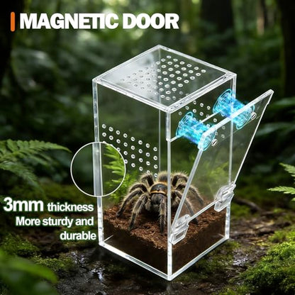 No Assembly Upgraded Acrylic Jumping Spider Enclosure Kit,Magnetic Closure Front Door & 3-Side Ventilation, with Tweezer &Thermometer Strips &Reptile hidepout,Ideal for Snail,Insect,Lizard,Tarantula - size: Habitat+Tweezers+Temperature strip+Hideout