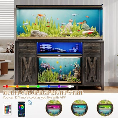 55-75 Gallon Fish Tank Stand with Power Outlet & LED Lights, Heavy Duty Aquarium Stand with Storage Drawers & Barn Doors, Reptile Tank Cabinet for Turtle, Reptile Terrarium, Dark Oak - color: Dark Oak