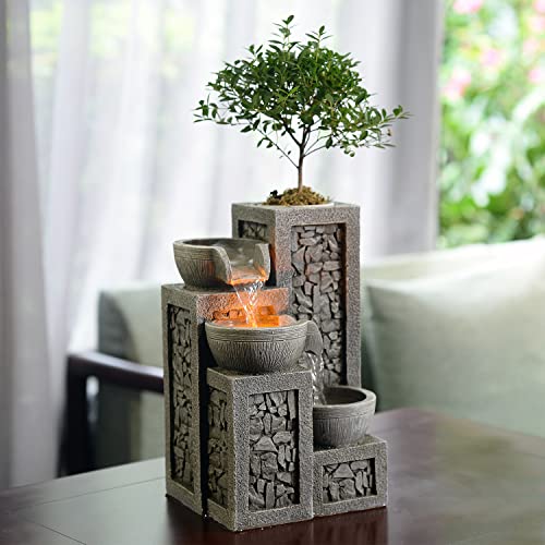 Kalona Indoor Tabletop Water Fountain – 3-Tier Resin Waterfall with LED Lights, Mini Bonsai Planter & Cascading Water Flow – Soothing Desk Fountain for Home, Office, Meditation Decor(22024) - color: Gray 3-tier Bonsai