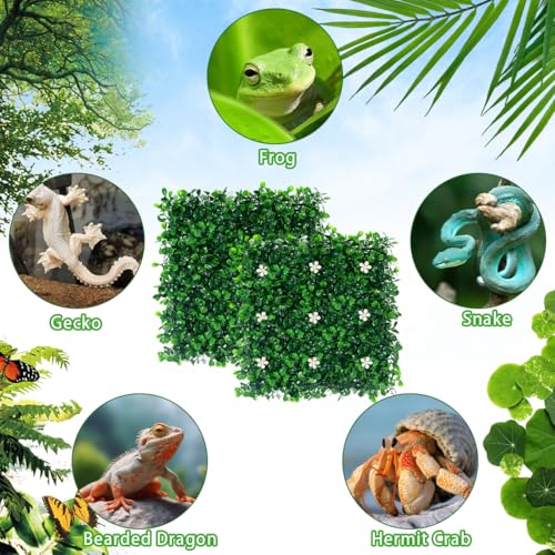 2pcs Hermit Crab Climbing Toys, 10x10 Inch Faux Grass Mat Reptile Plants Artificial Boxwood Panels Reptile Tank Accessories for Bearded Dragon Lizard Terrarium Decor (Green)