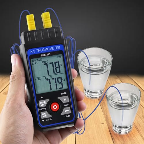 Thermocouple Thermometer HVAC Temperature Meter, Digital Temperature Thermometer with 2 Temperature Clamp & 2 Wired Thermocouple Probes, Dual Channel with Alarm & ADJ Compensation (-328~2500℉ Range)