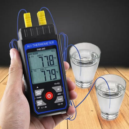 Thermocouple Thermometer HVAC Temperature Meter, Digital Temperature Thermometer with 2 Temperature Clamp & 2 Wired Thermocouple Probes, Dual Channel with Alarm & ADJ Compensation (-328~2500℉ Range)