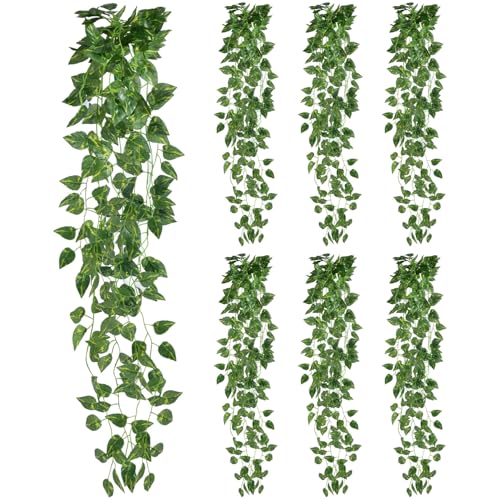 6 Pcs Fake Hanging Plants Vines Artificial Pothos Faux Ivy Greenery Ideal for Wall Shelf Home Bedroom Living Room Office Patio Garden Indoor Outdoor Decor - size: 6