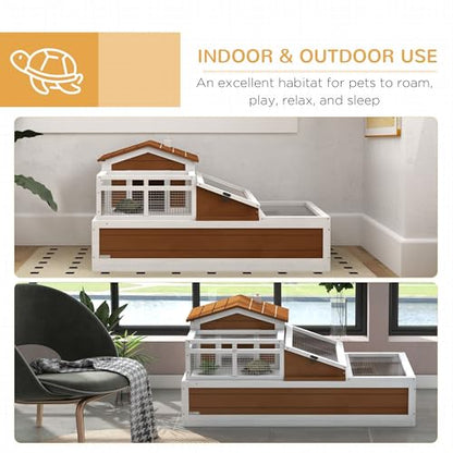 Premium Two-Story Three-Room Comfortable Tortoise House with Multi-Level Balcony 44x25.5x25 Weather-Resistant Coffee Brown for Small and Medium Tortoises