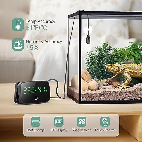 PAIZOO LED Digital Reptile Thermometer and Humidity Gauge Hygrometer for Snake Tank Accessories - USB Power - Black