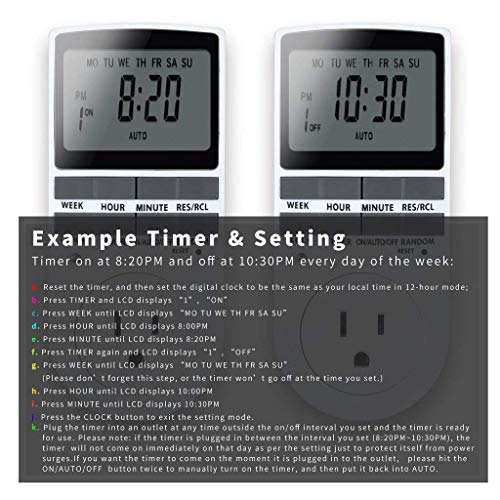 7 Day / 24 Hour Programmable Digital Weekly Light Switch Timer Plug for Electrical Outlet with Anti-theft Random Option (15A/1800W,1Pack)