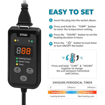 SYSAI Temperature Controller for Reptile Tank, Heat Mat, Seed Germination, Greenhouse, Brooder, Home Brewing, 100W-1A, Digital Thermostat, °F/°C Display, 60-94°F
