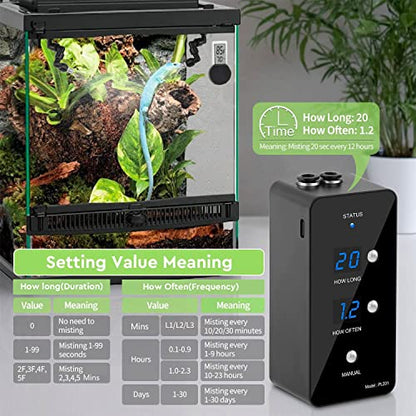 moistenland Reptile Humidifier, Misting System for Terrariums, Automatic with Adjustable Spray Nozzles, Black