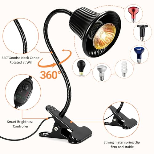 Reptile Heat Lamp, Heating Lamp for Reptiles with UVA UVB,2H,4H,8H,10H Cycle Timing&Stepless Dimming Adjustment Basking Light for Turtle, Bearded Dragon, Lizard and More, 2 Bulbs 50W+75W