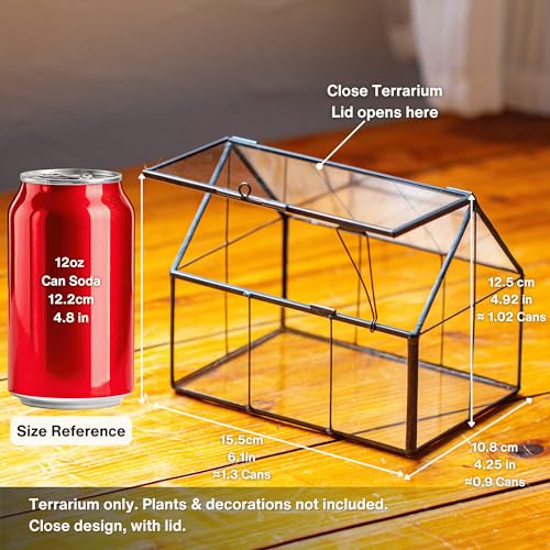 NCYP Mini Glass Terrarium with Lid - 6.1" x 4.25" x 4.92" House Shape Closed Planter for Mini Cactus, Succulents Plant, Moss - Home Garden Office Tabletop Geometric Decor, Black (Terrarium Only) - size: 6.1x4.25x4.92 inches