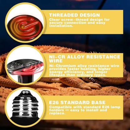 150W Ceramic Heat Emitter (2-Pack) - Reptile Heat Lamp Bulb, No Light Coil Emitter for Terrariums, Brooders & Chicken Coops - E26 Base for Bearded Dragon, Snake, Lizard, Turtle
