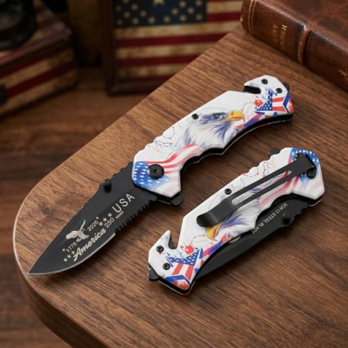 Snake Eye Tactical 7.75" Rescue Folding Pocket Knife – Black Steel Blade, Patriotic 3D Eagle ABS Handle 250th Anniversary Edition - color: White