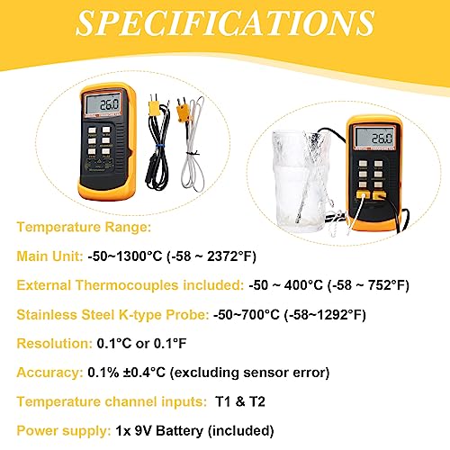 2 Pcs Thermocouple Thermometer Digital K Type HVAC Dual Channels Digital Thermometer with 8 Thermocouples Max/min Temperature Measurement, -50~1300°c (-58~2372°f) High Temperature Pyrometer
