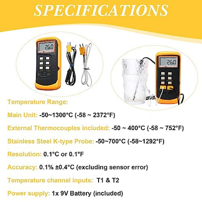 2 Pcs Thermocouple Thermometer Digital K Type HVAC Dual Channels Digital Thermometer with 8 Thermocouples Max/min Temperature Measurement, -50~1300°c (-58~2372°f) High Temperature Pyrometer