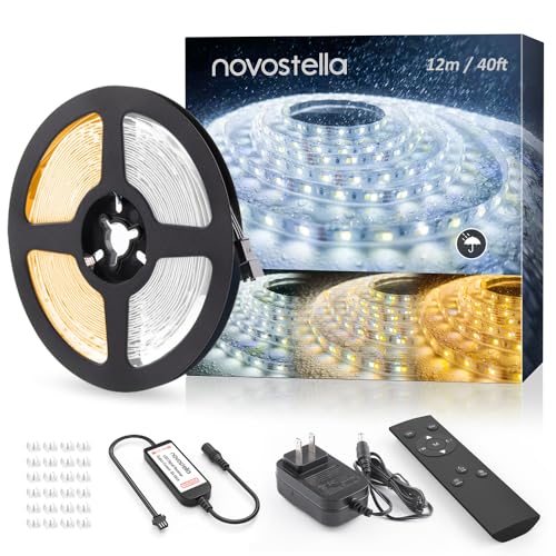 NOVOSTELLA 40ft Waterproof Tunable White LED Strip Lights, Dimmable Flexible Rope Light 3000K-6500K 12V Tape Light with Remote, Ribbon for Outdoor and Indoor Bedroom Home Mirror Kitchen Cabinet - size: 40ft (Waterproof)