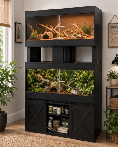 Cushore Double 4x2x2 Reptile Enclosure with Stand, Solid Wood 120 Gallon Reptile Terrarium, Bearded Dragon Tank Stand with Sliding Door and 2 Cabinets for Snake, Lizard, Crested Gecko, Black