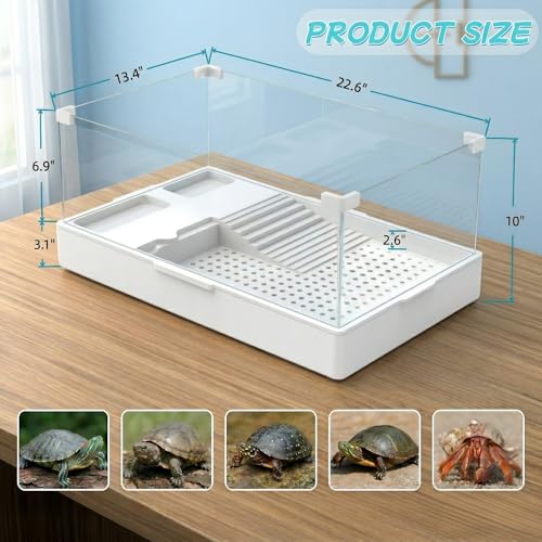 Geegoods Turtle Tank Aquarium (Tank + Light + Water Pump), Turtle Tank Starter Kit with Platform Plants for Small Reptiles Habitat（23.6"×14.2"×10.4"） - size: XL+Light+Water Pump