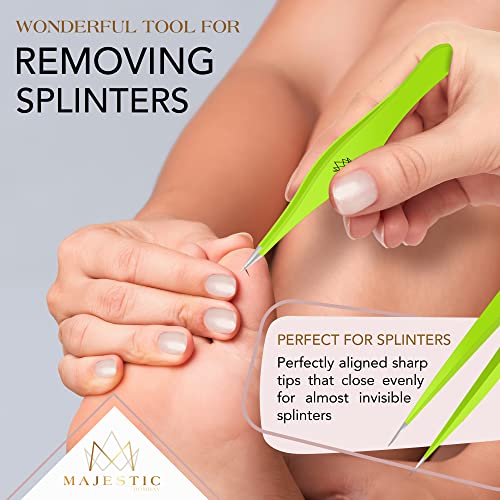 Majestic Bombay Fine Point Tweezers for Women and Men – Splinter Ticks, Facial, Brow and Ingrown Hair Removal–Sharp, Needle Nose, Surgical Tweezers Precision Pluckers best tweezers for chin hair - color: Green