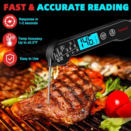 Professional Digital Meat Thermometer Instant Read Waterproof – Folding Probe Food Thermometer with Backlight & Calibration, Fast Read for BBQ, Grill, Deep Fry, Liquids, Gift for Chef (Black) - color: Black