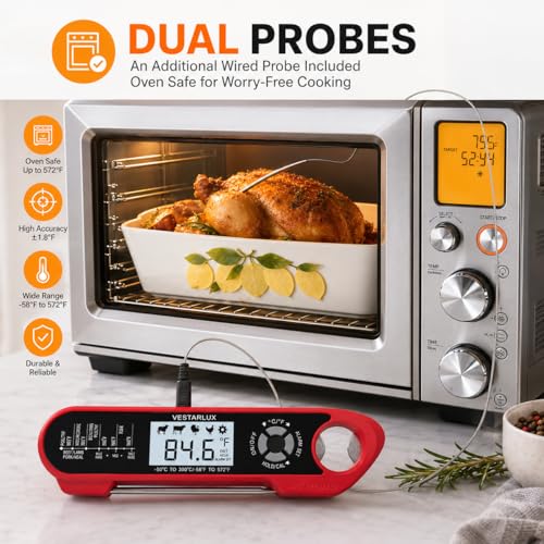 Digital Instant Read Meat Thermometer Waterproof Kitchen Food Cooking Thermometer Dual Probes Backlight, Alarm, °F/°C for BBQ Grill Smoker Steak Turkey Frying Baking Oven Water Oil