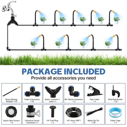 Kalolary 100Ft Misting Cooling System with 360°Adjustable Nozzles,Misters for Outside Patio with 100FT Misting Line& 25pcs Brass Mist Nozzles Outdoor Mister for Garden Greenhouse Plant Drip Irrigation - size: 100FT with Adjustable Brass Spray Nozzles