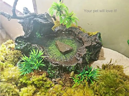 PINVNBY Reptile Water Dish, Snake Water Bowl, Resin Turtle Basking Platform with Artificial Plants, Crested Gecko Tank Accessories for Bearded Dragon, Hermit Crab, Snake (Smooth)