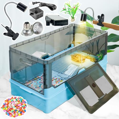 25.6x12.8x14.6 Turtle Tank Kit with Heat Lamp Filter and Wheels Aquatic Turtle Habitat and Aquarium for Small Turtles Hermit Crabs and Frogs Featuring Escape Proof Design and Easy Move Mobility Blue - color: Blue, size: 25.6x12.8x14.6 Inch