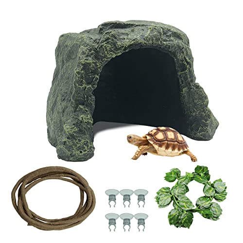 Tfwadmx Reptile Hideout, Tortoise Hide Cave, Turtle Hideout with Bendable Vines Leaves, Resin Rock Cave Habitat Hidden for Turtles Tortoise Bearded Dragons Lizards Geckos Snakes