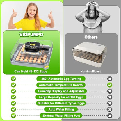 Egg Incubator for Hatching 48-132 Chicken/Quail/Turkey Eggs, 360° View Poultry Incubators with Automatic Egg Turning/Humidity Control&Alarm/Auto Water Adding/Adjustable Tray, for Beginner/Farm/Home