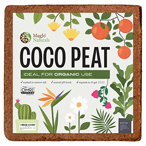 MagJo Naturals 100% Pure Coco Coir (Coco Peat) 11 Pound Block (5kg, OMRI Listed for Organic Gardening, Coconut Coir - Low EC and pH Balance - High Expansion Coco Fiber for Herbs, Flowers, Planting