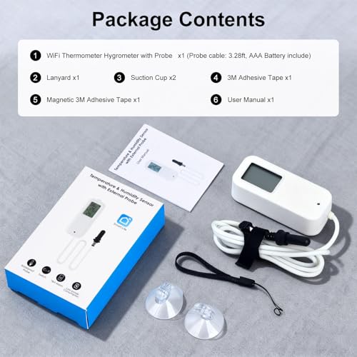 eMylo WiFi Refrigerator Thermometer Hygrometer with Probe, Smart Wireless Freezer Temperature Humidity Monitor, App Alerts & Data Export, Alexa Compatible for Fridge, Aquarium, Wine Cellar
