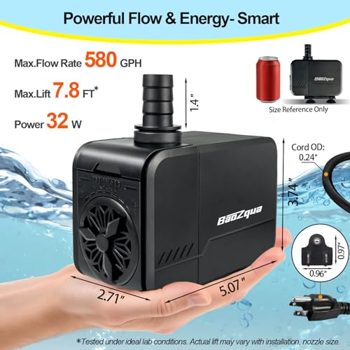 580GPH (2200L/H) Submersible Water Pump, 32W Ultra Quiet Fountain Pump with 7.8ft High Lift, Adjustable Flow with 3 Nozzles for Aquarium Fish Tank, Small Pond, Waterfall, Hydroponics & Garden - size: 580 GPH (32W)