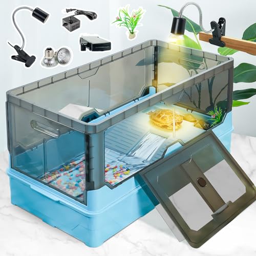 18.1x9.9x9.1 Turtle Tank Kit with Heat Lamp Filter and Wheels Aquatic Turtle Habitat and Aquarium for Small Turtles Hermit Crabs and Frogs Featuring Escape Proof Design and Easy Move Mobility Blue - color: Blue, size: 18.1x9.9x9.1 Inch