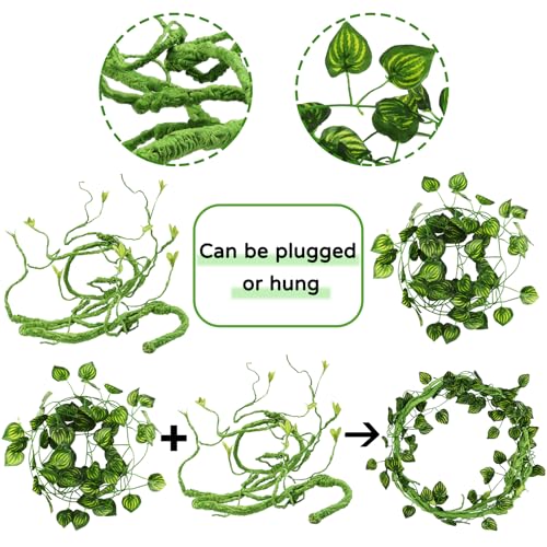 QUOZUO Bearded Dragon Tank Accessories for Habitat, Terrarium Hanging Plants Artificial Leaves Reptile Hide, Leopard Gecko Tank Accessories Hide Terrarium Decor for Lizard Geckos Chameleon Snake