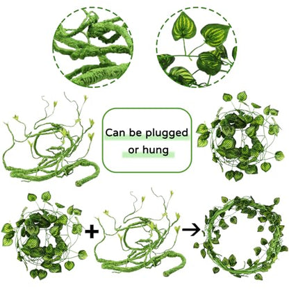 QUOZUO Bearded Dragon Tank Accessories for Habitat, Terrarium Hanging Plants Artificial Leaves Reptile Hide, Leopard Gecko Tank Accessories Hide Terrarium Decor for Lizard Geckos Chameleon Snake