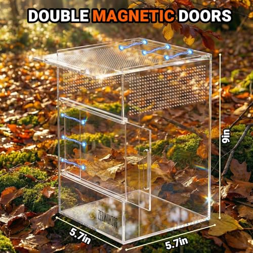 Jumping Spider Enclosure - Acrylic Terrarium Habitat for Spiders, Tarantulas, Snail, Mantis, Lizard, and Small Reptiles, Dual Magnetic Doors (6x6x9 inch) - size: 6x6x9inch