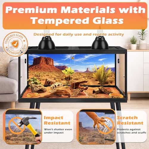 PROLEE 120 Gallon Bearded Dragon Tank with Leg Sand, 4x2x2 Reptile Enclosure with Tempered Glass Sliding Doors, Lockable Front Opening and Metal Mesh Top, Large Terrarium for Lizards and Snakes, Black - color: Black