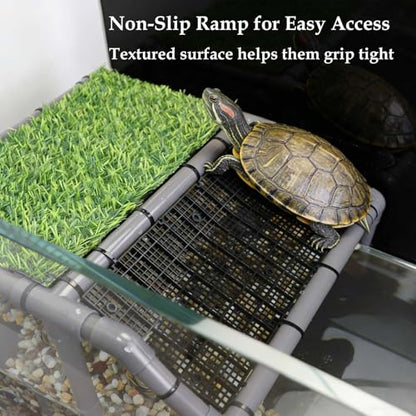 Turtle Basking Platform, Extra Large Turtle Dock with Artificial Grass and Non-Slip Ramp, 13.4" x 10" Resting Area Fits 75/90/120 Gallon Tanks
