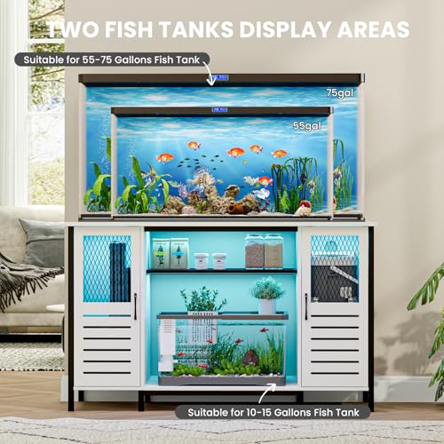 EAG 55-75 Gallon Fish Tank Stand with Power Outlets & LED Light, Heavy Duty Aquarium Stand with Adjustable Shelves, Turtle Reptile Terrarium Tank Stand with Cabinet, 1250LBS Capacity, White