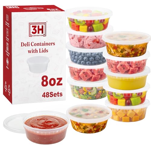 8 oz plastic containers with lids(48Set/96Pcs) BPA-Free Plastic Soup Containers with lids, Freezer Microwave Safe Small Cups for Portion Condiment Dipping Sauce, Salad Dressing - size: 8 oz - 48 Sets