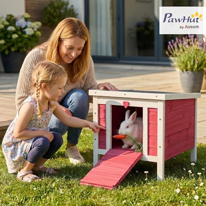 PawHut Small Wooden Rabbit Hutch Bunny Cage Guinea Pig Cage Duck House Dog House with Openable & Waterproof Roof, Red - color: Red