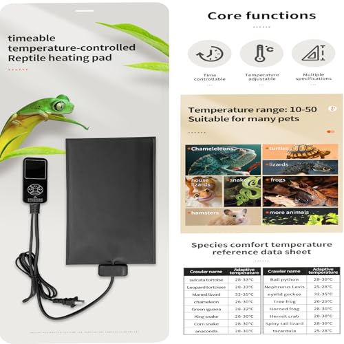 Timeable Temperature-Controlled Reptile Heating Pad, 10-50°C Adjustable, Graphene Chip Rapid Heating, IPX7 Waterproof, Multiple Sizes for Turtles Lizards Frogs，12x68cm/4.7x26.8in (22W) - size: 12x68cm/4.7x26.8in (22W)