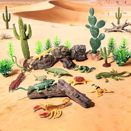 32Pcs Desert Reptiles Animals Figures Toys School Projects Diorama Kit Lizard Snake Cactus Plants Rock Playset for Kids Toddlers Cake Toppers Birthday Party Favor Decorations - style: Reptiles