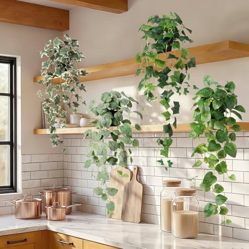 Artificial Plants Indoor with Pots, Fake Pothos Hanging Plant Set of 2, Silk Faux Greenery Ivy for Outdoor, Realistic Fake Potted Plants for Shelves Office Wall Decor, Green 33In - color: White Pothos+ivy Set 4