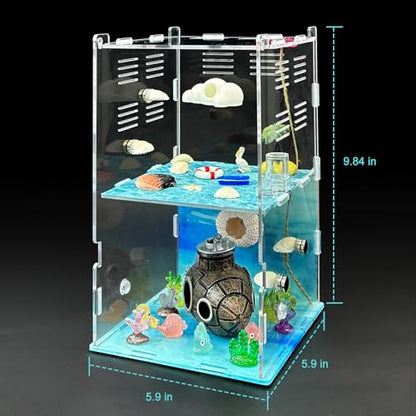 Jumping Spider Enclosure,DIY Insects Habitat,Small Reptile Terrarium Glass House Accessories Set,with Temperature and Humidity Detector Water Feeder Platform Hide,5.5“x5.5”x9.5“ (Ocean) - color: Ocean