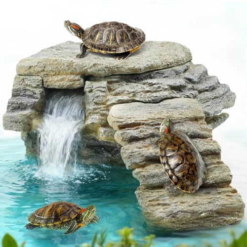 MIXJOY 130GPH Turtle Tank Filter, Ultra-Quiet Turtle Filter with Turtle Basking Platform, Detachable Bridge for Climbing&Diving, Adjustable Flow, Multi-Layer Filtration, Filter for Turtle Tank, Decor