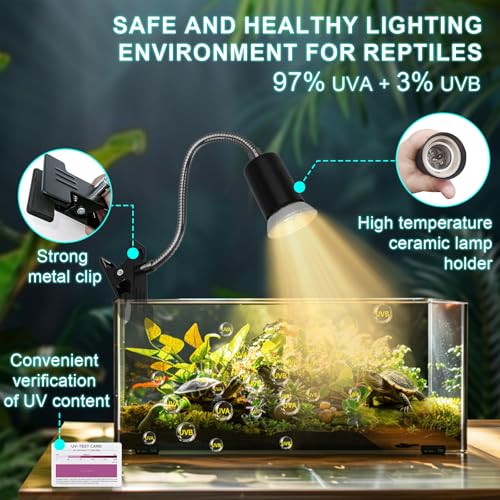 Reptile Heat Lamp Turtle Light - Long Lasting Ceramic Socket Basking Lamp with Auto Timer & Dimmer, 2 E27 Bulbs (25W & 50W) with UVB Support & Test Card for Turtles, Tortoises, Bearded Dragons, Geckos